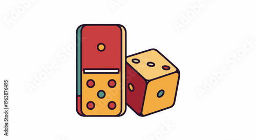 A domino and a die are depicted in a flat, stylized illustration