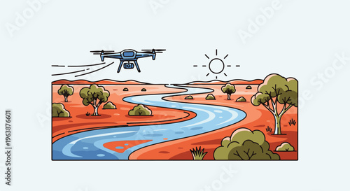 A drone surveys a winding river through a sun-drenched, arid landscape
