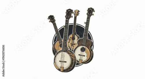 A collection of stringed instruments with banjos and guitars in warm tones