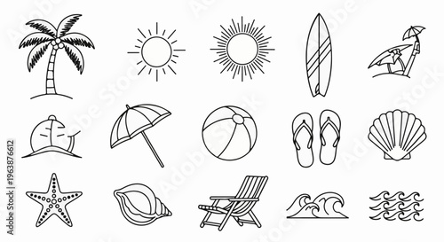 A collection of vacation and beach themed icons, including a palm tree, sun, surfboard, umbrella, and shells