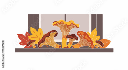 A fall harvest scene with mushrooms and colorful autumn leaves