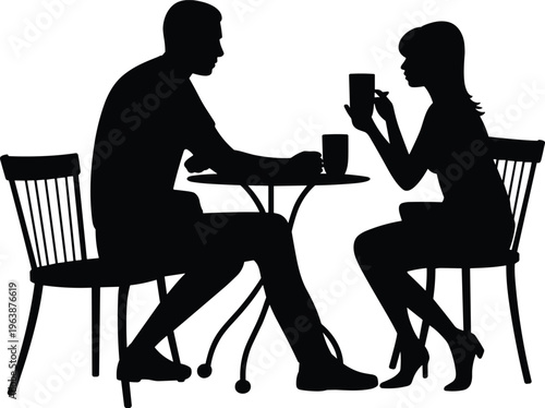 Couple drinking coffee silhouettes, romantic date conversation, cafe meeting, relationship concept, love and communication, black isolated illustration design