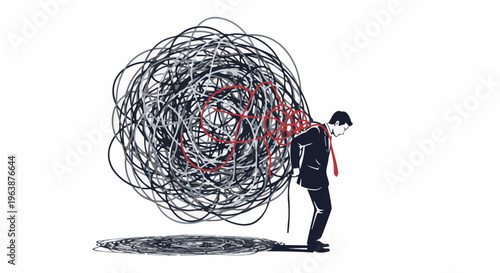 A man carries a heavy load of tangled thoughts, symbolized by scribbles