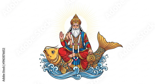 Hindu god sitting on a golden fish in the ocean waves with a halo