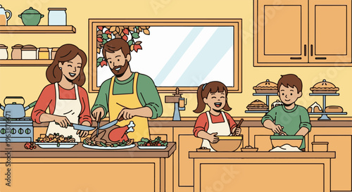 A family joyfully prepares a holiday feast in a cozy kitchen