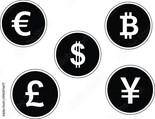 global currency symbols set, euro dollar bitcoin yen pound icons, financial market concept, digital economy, money exchange, banking finance, cryptocurrency symbol