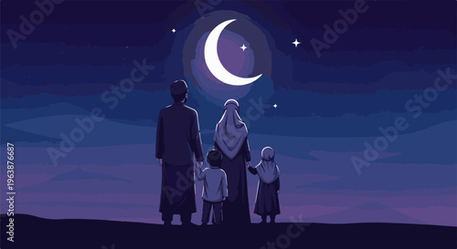 A family stands together under a crescent moon and stars