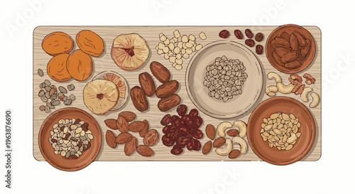 A colorful arrangement of assorted dried fruits and nuts on a wooden surface