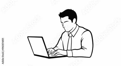 A man in a shirt and tie works diligently on a laptop, his hands poised on the keyboard