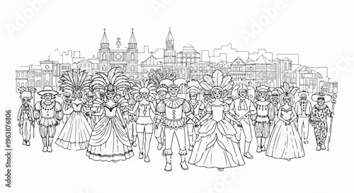 A festive parade of costumed figures in front of an old European city skyline