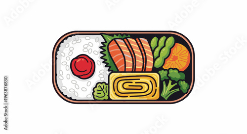 A colorful, cartoon-style bento box filled with rice, fish, egg, and vegetables