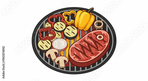 A colorful cartoon illustration of a grill full of food