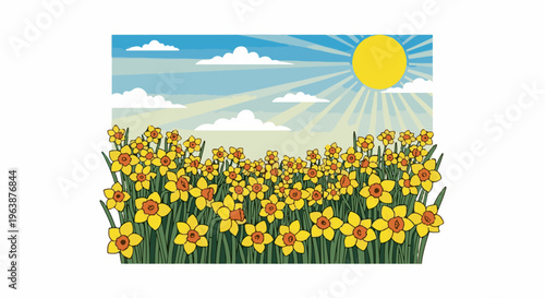 A field of bright yellow daffodils under a sunny sky with clouds