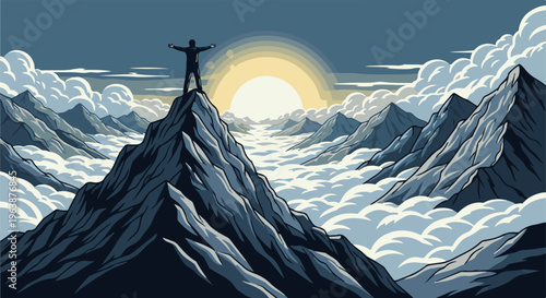 A figure stands triumphantly atop a mountain peak at sunrise above clouds