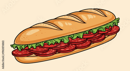 A colorful cartoon-style sub sandwich with layered pepperoni and crisp lettuce