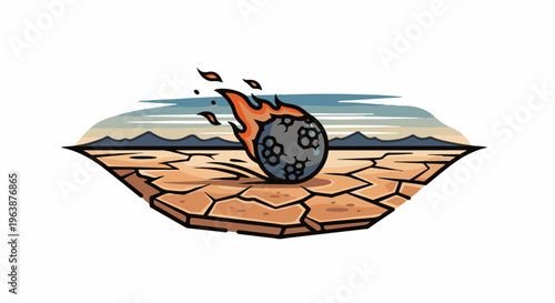 A fiery meteor streaks across a cracked desert landscape under distant mountains