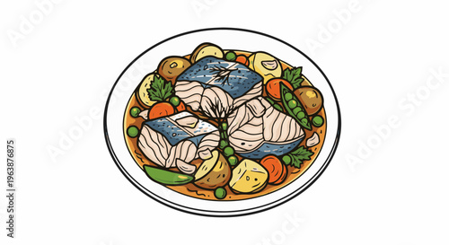 A colorful illustration of a stew with fish, potatoes, carrots, and peas