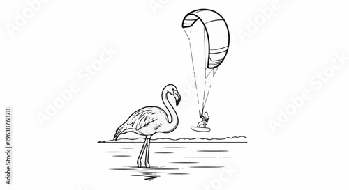 A flamingo stands in water near a kite surfer on a choppy surface