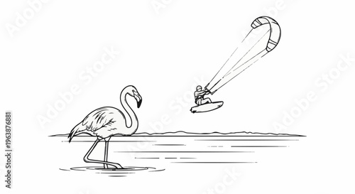 A flamingo stands in water while a person kiteboards nearby