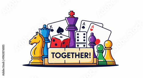 A colorful illustration of various game pieces and playing cards, reading "TOGETHER!