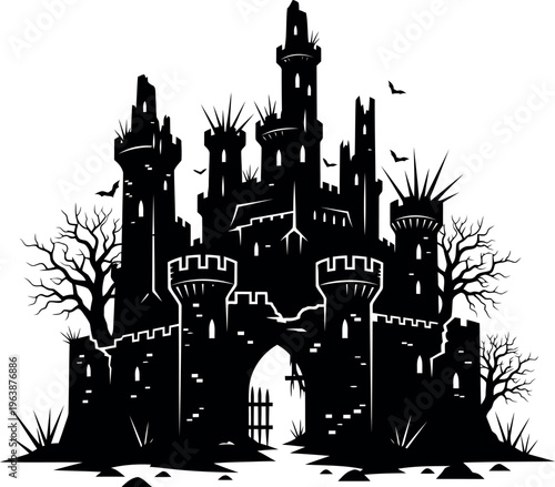 Dark medieval castle illustration with spires and battlements standing alone