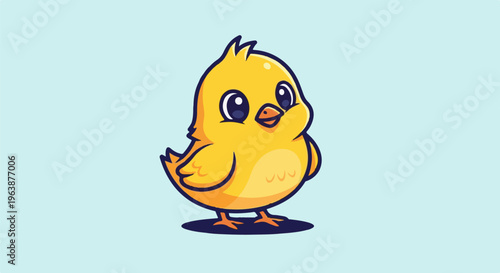 A fluffy yellow chick with big eyes stands on a dark blue shadow