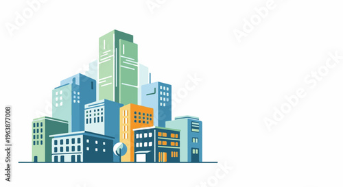 A pixelated city skyline with diverse buildings in blue, green, and orange hues