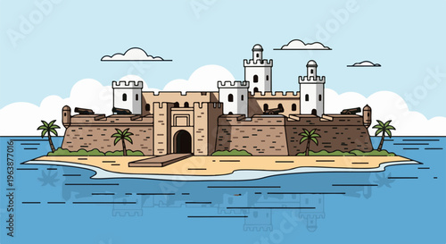 A fortified stone castle with towers and cannons sits on a sandy shore