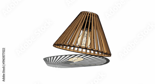 A conical wooden lamp shade with a visible incandescent bulb and reflected light