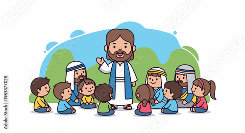 A friendly man in robes teaches a group of diverse children outdoors