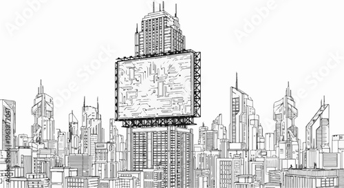 A futuristic city skyline with a massive billboard displaying circuit board patterns