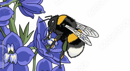 A fuzzy bee lands on a purple flower with green leaves