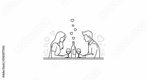 A couple shares a romantic dinner with wine, hearts floating above