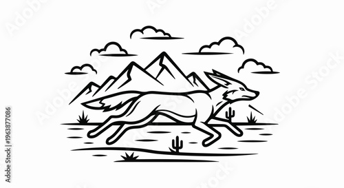 A coyote runs through a desert landscape with mountains and clouds