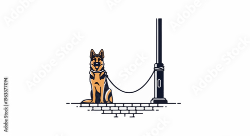 A German Shepherd on a leash tied to a lamppost on cobblestone