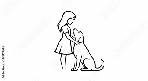 A girl gently pets a seated dog looking up at her