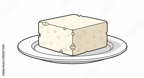 A cube of light yellow cheese with holes sits on a white plate