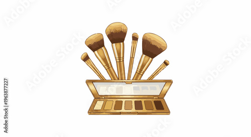 A golden makeup palette with an array of brown shades and brushes