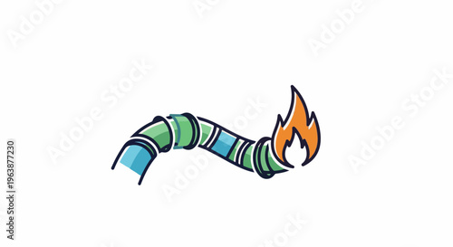 A curved pipe with blue and green segments, emitting a flame from its end