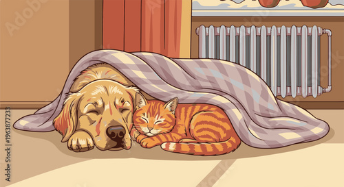 A golden dog and orange cat sleep under a blanket by a radiator