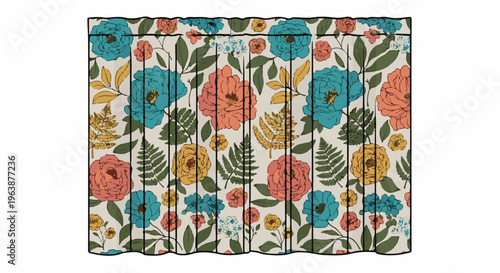 A curtain with a colorful floral pattern, featuring peonies and ferns