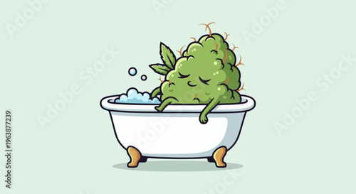 A cute, anthropomorphic plant bud relaxes in a bubble bath