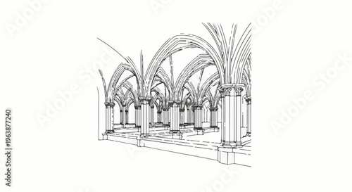 A Gothic vaulted hallway with numerous columns and arched ceilings