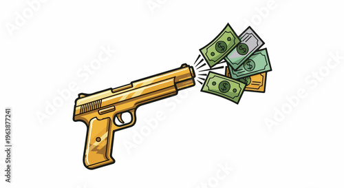 A golden handgun fires banknotes, signifying wealth or financial power