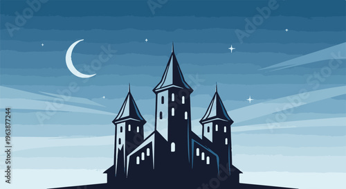 A gothic castle silhouetted against a twilight sky with a crescent moon and stars
