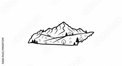 Black and white line art illustration of a mountain range with trees and rolling hills
