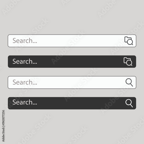 Search Bar UI Elements: White & Dark Gray Designs with Magnifying Glass Icons on Light Gray Background