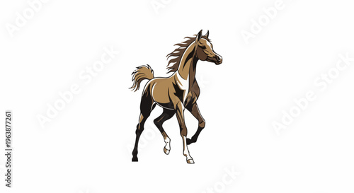 A graceful brown horse with a flowing mane trots forward