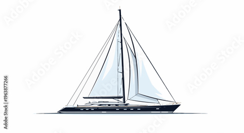 A graceful sailing vessel with full sails glides across a white canvas