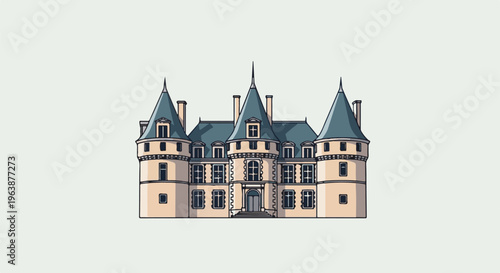 A grand chateau with pointed turrets and many windows